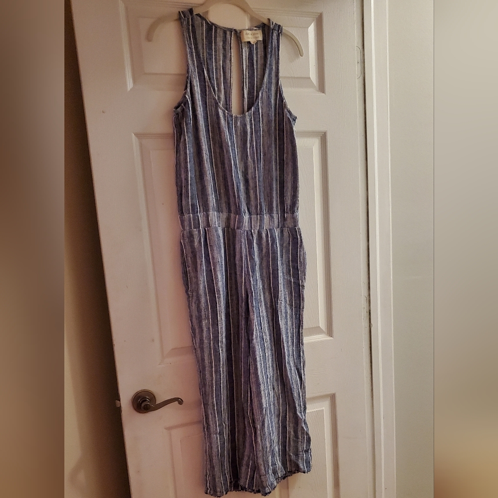 Anthropologie CLOTH & STONE Blue Stripe Linen Jumpsuit Raw Hem Sm (No Belt)